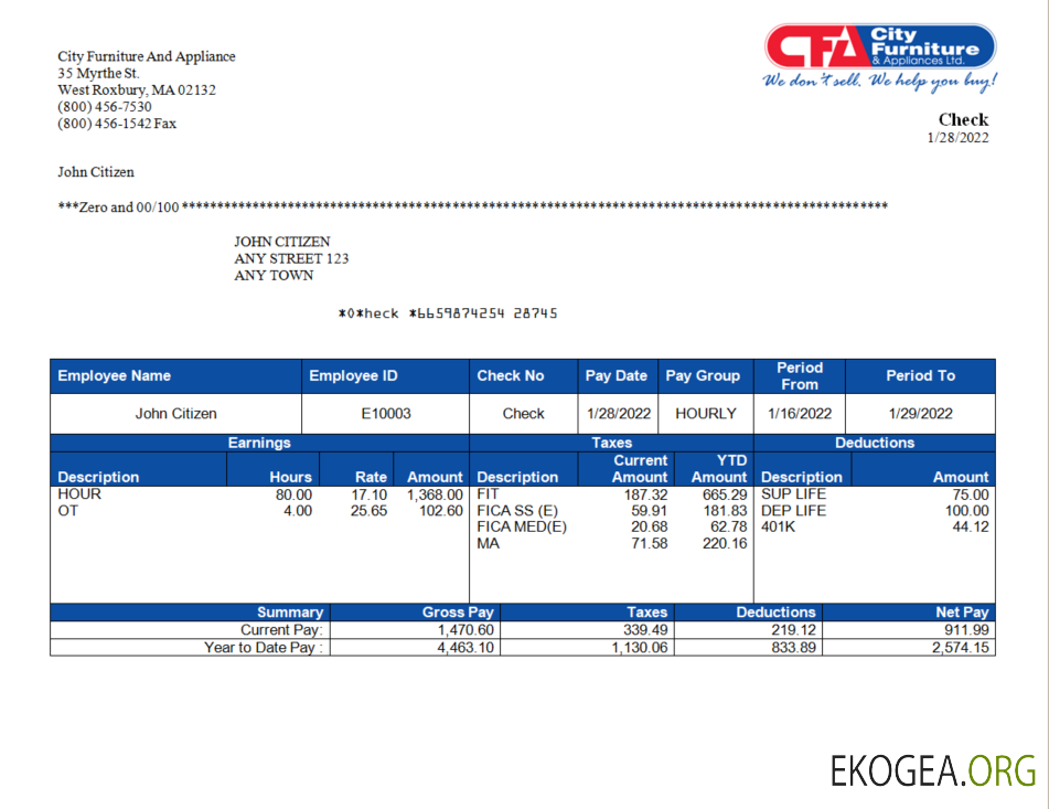 Fiche d'employé de meubles et électroménagers aux États Unis